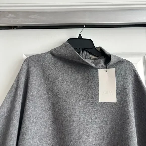 NWT ZARA MANTECO Wool Blend Oversized Cape Grey High Neck Poncho Coat Wrap M - Picture 3 of 12